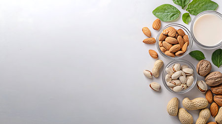 Almond milk in a glass and nuts on a white background.の写真素材