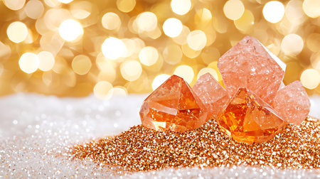 Two orange crystal stones on gold glitter background with bokeh lightsの写真素材