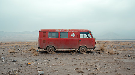 Red ambulance in the desert of Nizhny Novgorod.の写真素材