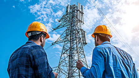Back view of engineer and electrician working on building construction site with blue sky background