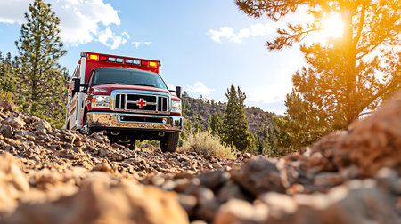 Ambulance on the road in the mountains. Ambulance in the mountains.の写真素材