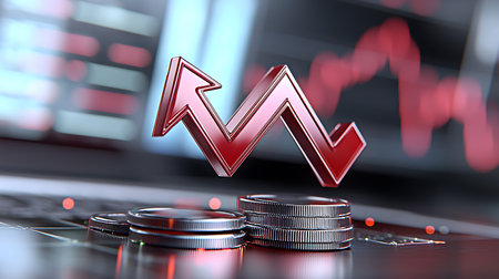 Silver coins with red arrow on the background of graph. 3d illustration.の写真素材