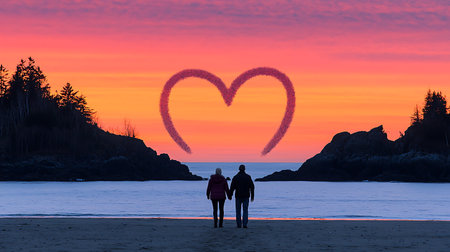 Couple in love on the beach at sunset with heart shape in the sky