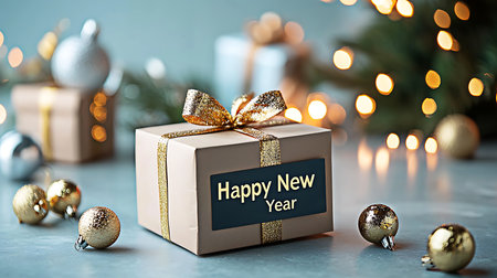 Christmas gift box with golden bow and inscription Happy New Year on bokeh backgroundの写真素材