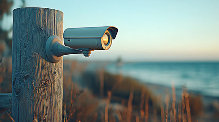 Surveillance camera on a wooden post on the beach at sunsetの写真素材
