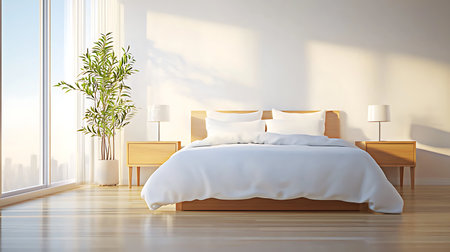 Interior of modern bedroom with white walls, wooden floor, comfortable king size bed with white linens and potted plant. 3d renderingの写真素材