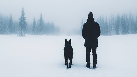 Man and dog in the winter forest. Man and dog in the winter forest.の写真素材