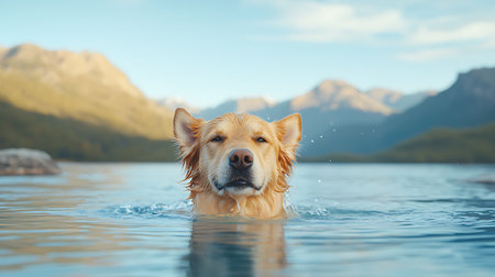 Golden retriever swimming in the lake with mountains in the background.の写真素材