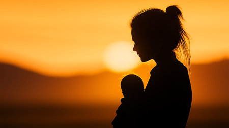 Silhouette of mother and baby at sunset. Motherhood conceptの写真素材