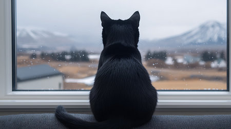 Black cat sitting on the windowsill in front of the snow-covered mountainsの写真素材