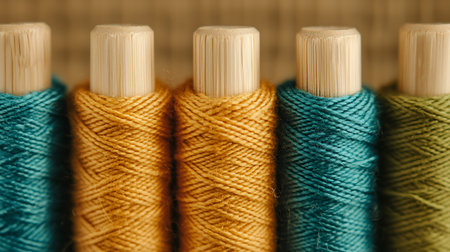 Close up of colorful thread spools in a row, selective focus