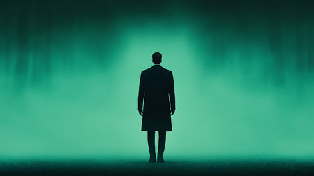 Silhouette of a man standing in front of a foggy forestの写真素材