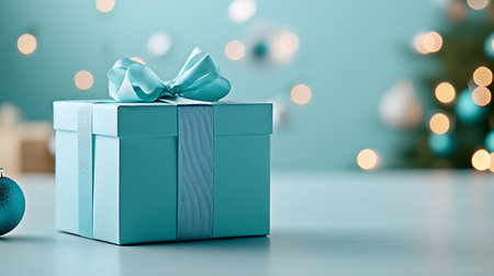 Blue gift box with blue ribbon on blue background with bokehの写真素材