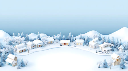 3d render of winter landscape with wooden houses and snow covered treesの写真素材