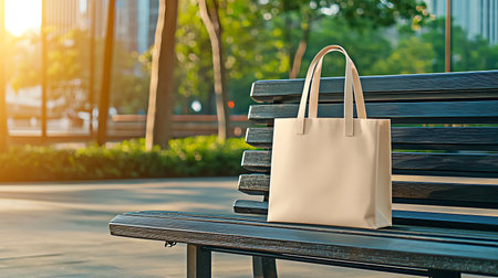 Paper shopping bag on bench in city park, mockup for designの写真素材