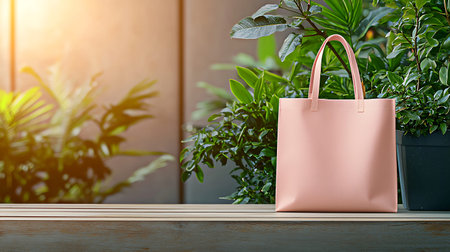 Pink shopping bag and green plants on wooden shelf with sunlight effect.