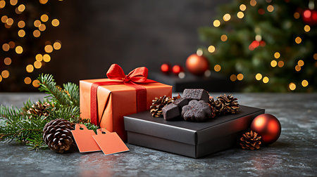 Christmas gift box with gingerbread cookies and christmas tree on backgroundの写真素材