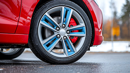 Closeup of a modern red sport car wheel in the parking lotの写真素材