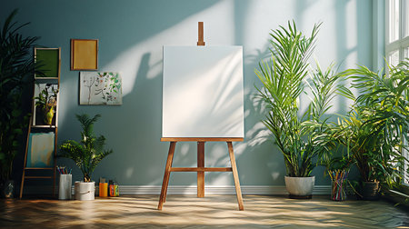 3D render of an easel with a canvas in a room with plantsの写真素材