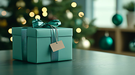 Gift box with blank tag on table in room with Christmas treeの写真素材