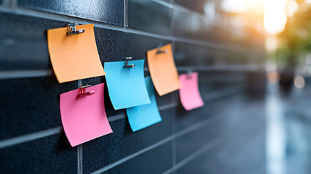 Colorful sticky notes on the wall of office building, closeup