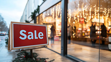 Sale sign in front of a shop window on a winter dayの写真素材