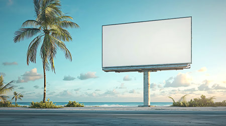 Blank billboard on the beach with palm trees. 3d renderingの写真素材