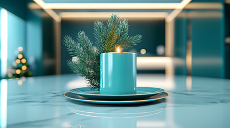 Blue candle in modern interior with christmas tree. 3D renderingの写真素材
