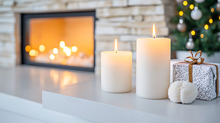 Burning candles and gift boxes on white table in front of fireplaceの写真素材