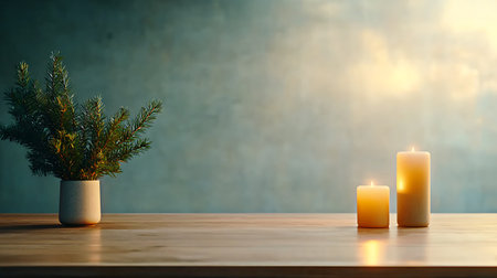 Burning candles in vase on wooden table and blue wall backgroundの写真素材