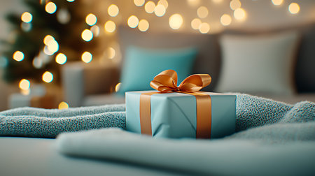 Christmas gift box on the bed in the bedroom. Holiday concept.の写真素材