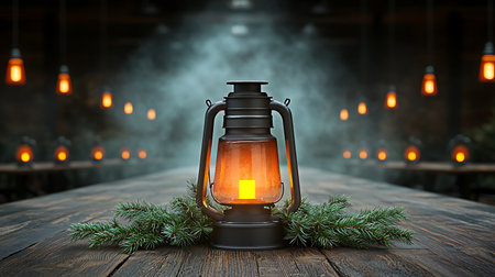 Lantern and fir branches on wooden table. 3d renderingの写真素材