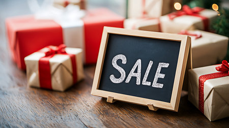 Blackboard with sale sign and christmas gifts on wooden table.の写真素材