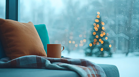 Cup of hot drink with plaid on sofa near window at homeの写真素材