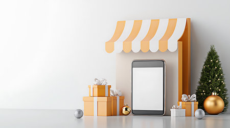 Mockup of a smartphone with awning and Christmas decorationsの写真素材