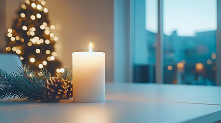 Burning candle on the background of a Christmas tree. Christmas and New Year concept.の写真素材