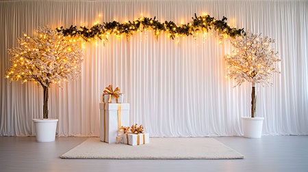 Gift boxes with golden ribbons and garland on white wallの写真素材