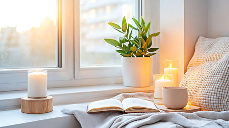 Cozy home interior with book, candles and plants on windowsill