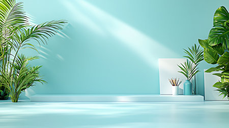 3d render of minimalistic interior design with green plants in potsの写真素材