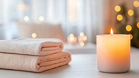 Burning candle and towels on table in spa salon. Space for textの写真素材