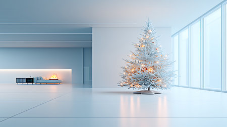 3D rendering of a modern living room interior with a Christmas treeの写真素材