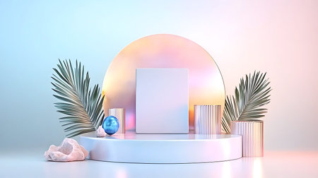 3d render, abstract minimal display podium for product presentation, blank round stage with palm...