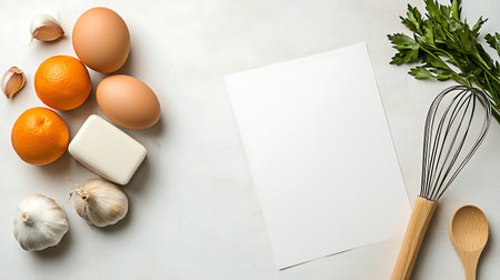 Blank recipe book and ingredients for cooking on white background, top view