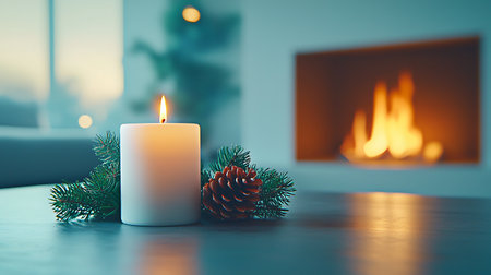 Burning candle in front of the fireplace. Christmas and New Year conceptの写真素材