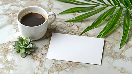 Cup of coffee with blank business cardle table background.の写真素材