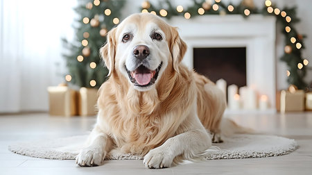 Adorable Golden Retriever dog on carpet in room decorated for Christmas
