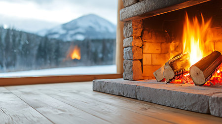 fireplace in a country house with a view of the snowy mountainsの写真素材