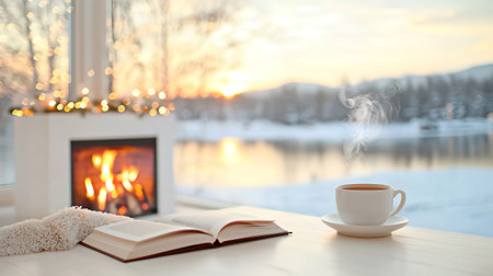Cup of coffee and book on wooden table in front of fireplaceの写真素材