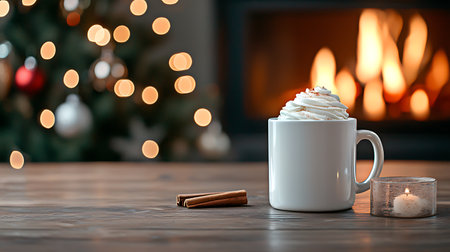 Cup of hot chocolate with whipped cream and cinnamon on wooden table near fireplaceの写真素材