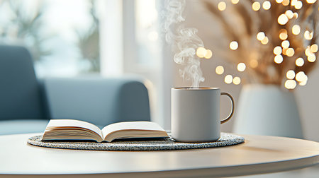 Cup of coffee with book on table in living room, closeup